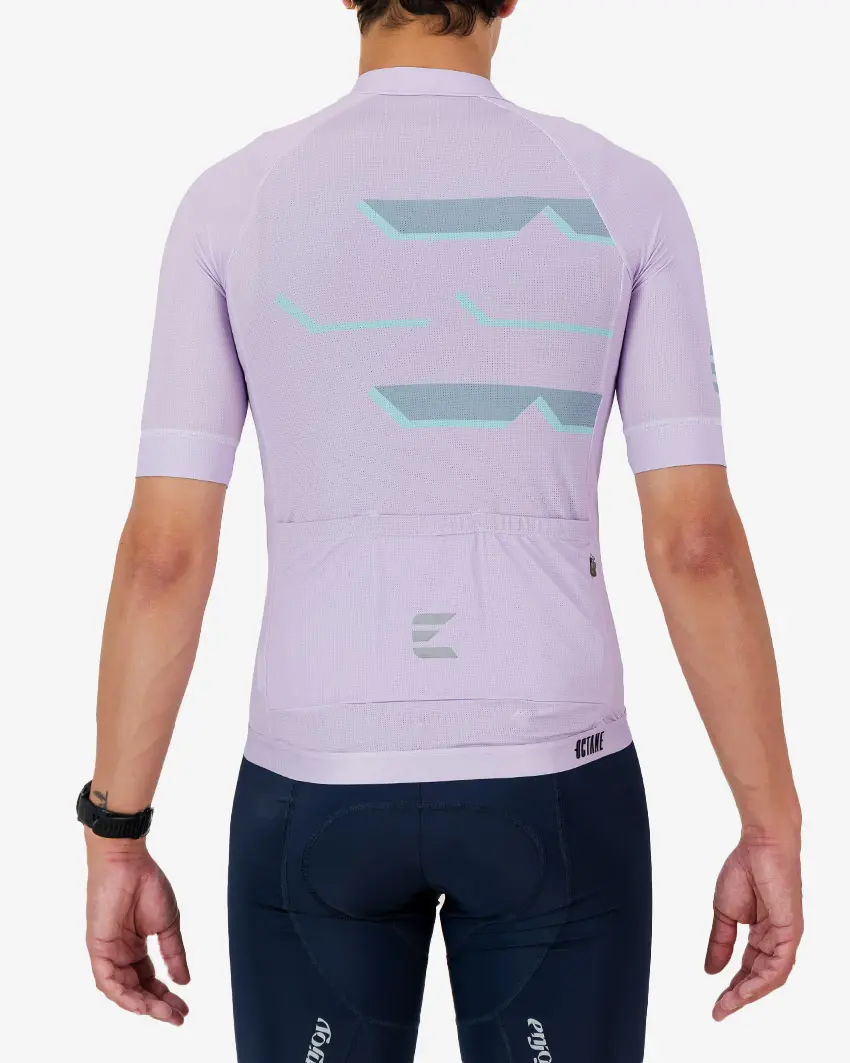 Back view of the Octane men's cycling jersey in a purple chevron design made by enjoy.cc