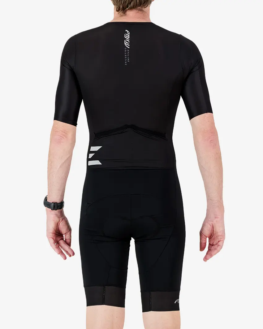 Back view of the men's sleeved triathlon suit in a minimal black design made by enjoy.cc