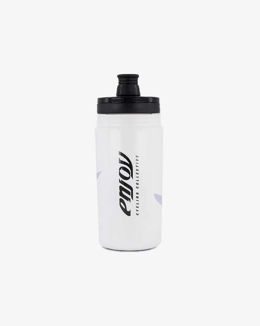 Back view of the Enjoy bidon cycling water bottle in white with black cap and purple branding.