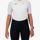 Front view of the women's sleeved triathlon suit in a black and white design made by enjoy.cc