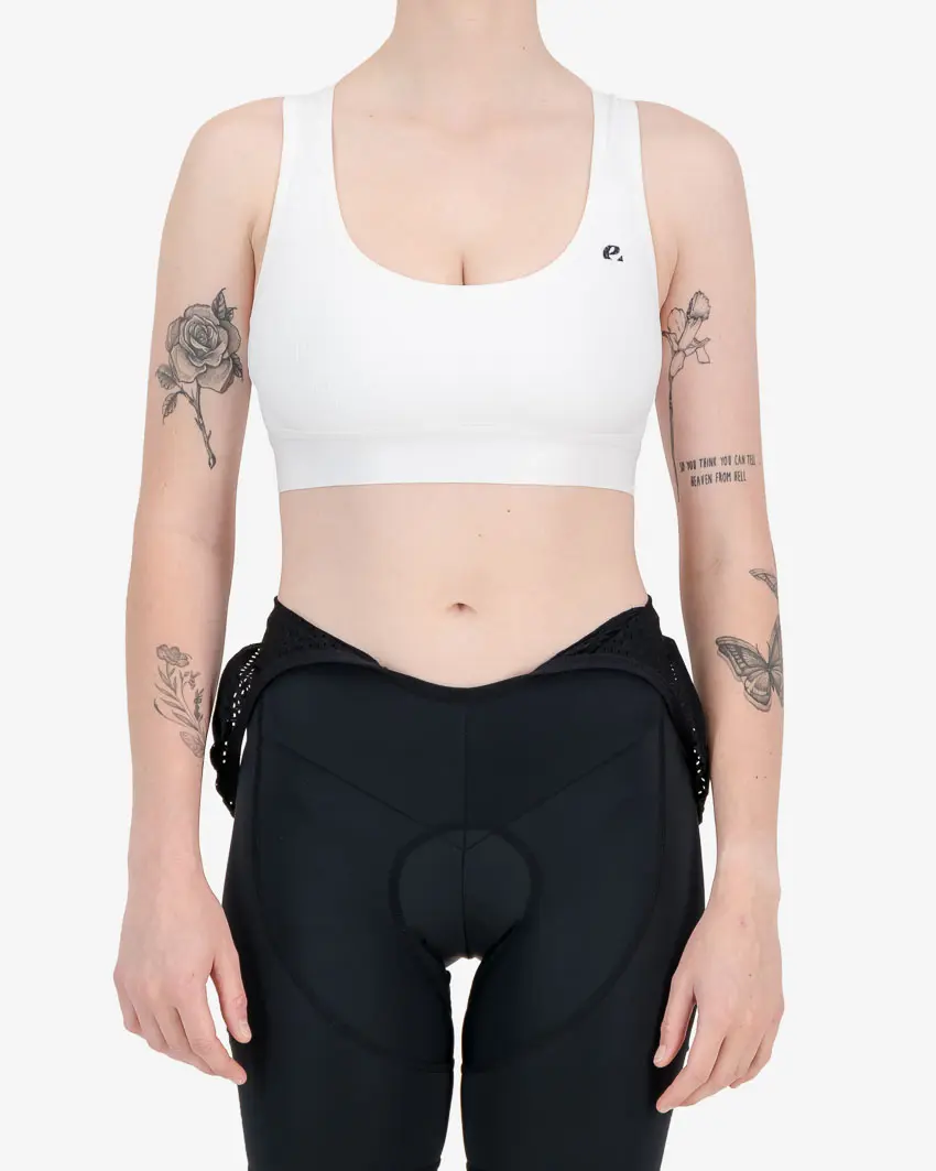 Front view of the Enjoy womens sports bra in the white colour way available at Enjoy.cc