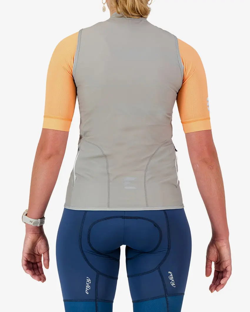 Back view of the women's winter cycling gilet in a putty design made by enjoy.cc