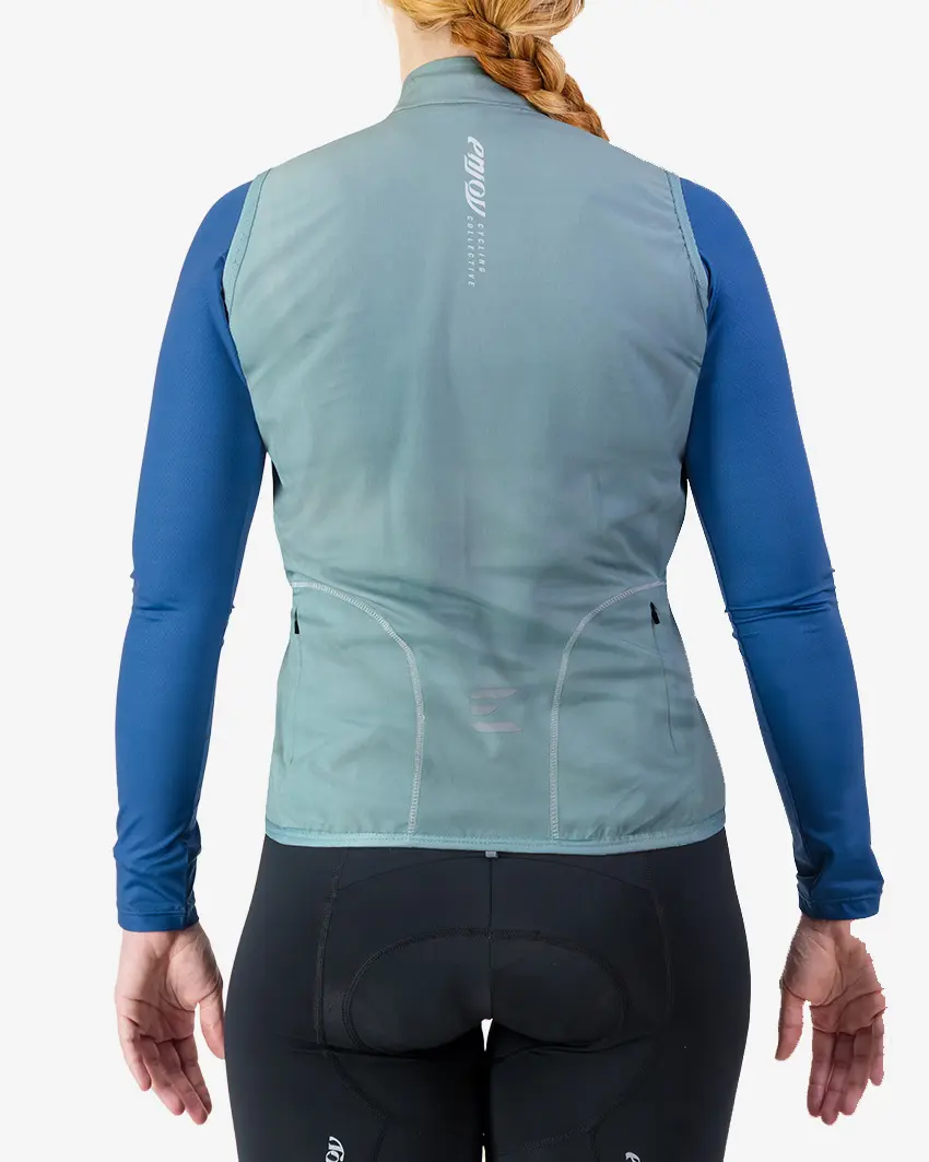 Back view of the Winter women's cycling gilet jersey in a solid dark teal colour way by Enjoy.cc