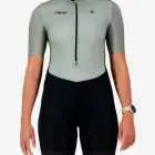 Front view of the women's sleeved triathlon suit in a green and black design made by enjoy.cc
