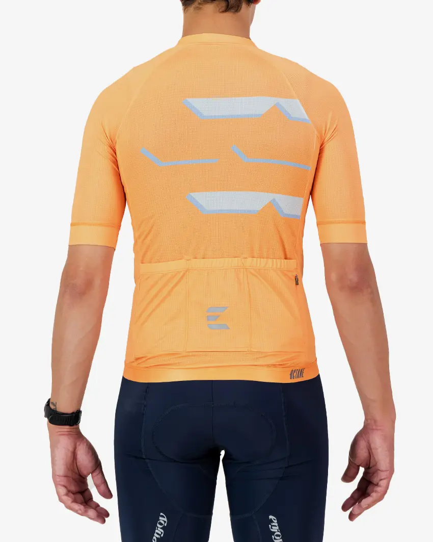Back view of the Octane men's cycling jersey in a orange chevron design made by enjoy.cc