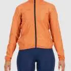 Front view of the womens Orange water resistant atom jacket with reflective detail made by Enjoy.cc