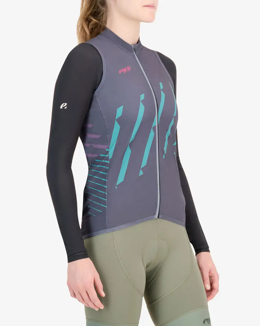 Side of the womens winter cycling gilet in the Chevron Midnight design made by Enjoy.cc