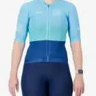 Front view of the Womens Semi Custom Octane cycling jersey in an aqua block design Enjoy.cc