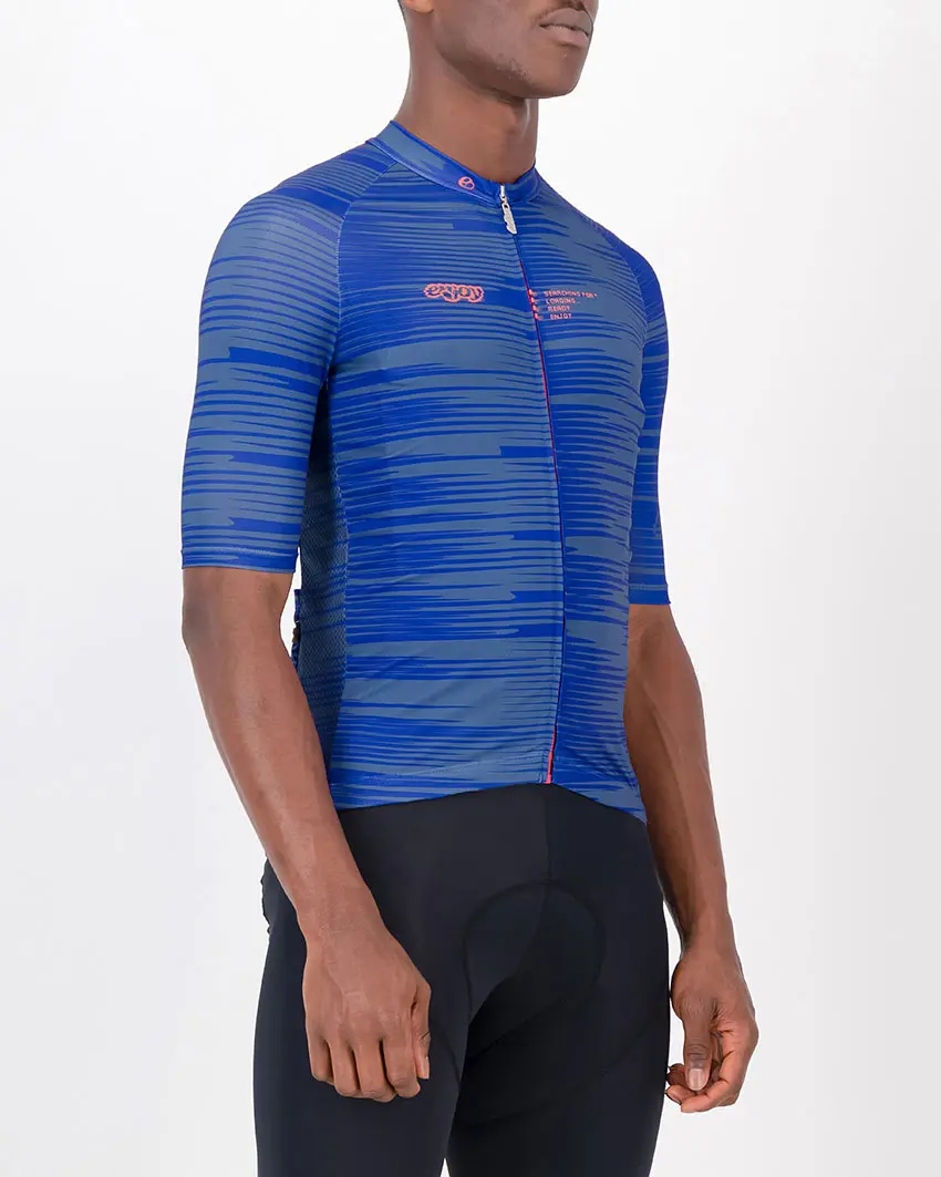 Three quarter of the mens cycling jersey in the blue Input Supremium design made by enjoy.cc
