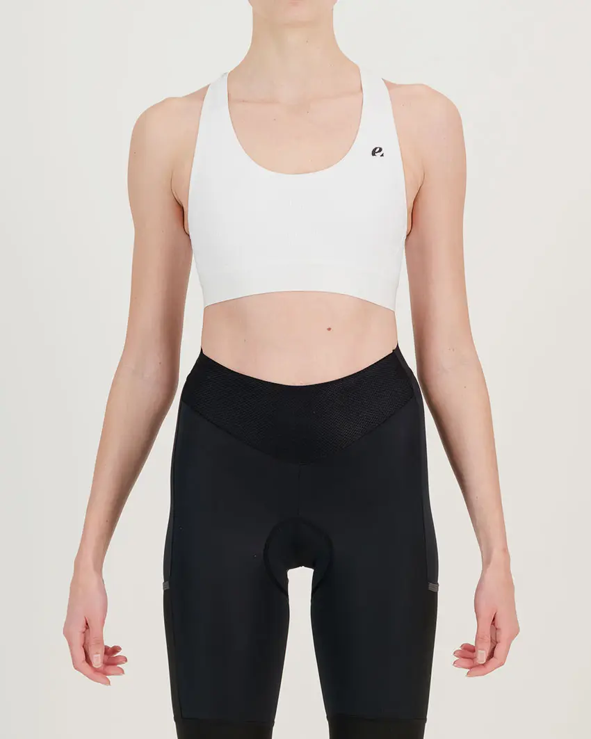Front view of the womens sports bra in the white emotif design made by Enjoy.cc
