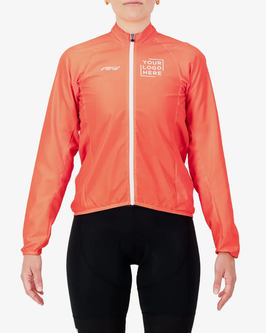 Front view of the Womens Semi Custom Atom cycling Jacket in a solid flame colour Enjoy.cc