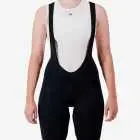 Front view of the Enjoy Octane women's bib short in black with reflective detail made by Enjoy.cc