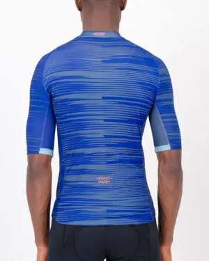 Back of the mens cycling jersey in the blue Input Supremium design made by enjoy.cc