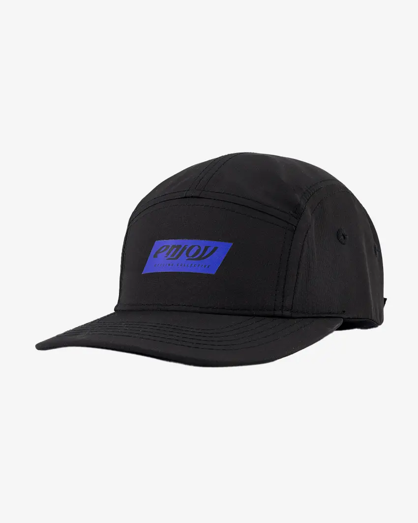 Side view of the unisex U-Flex 5 Panel Ripstop cap in Black with blue branding by Enjoy.cc