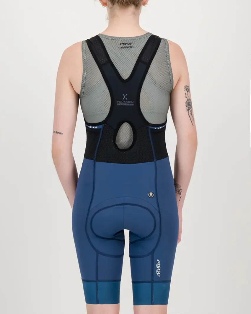 Back view of the Enjoy ProXision womens cargo bib short in the sebino colourway made by enjoy.cc