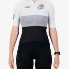 Front view of the Womens Semi Custom Octane cycling jersey in a greyscale block design Enjoy.cc