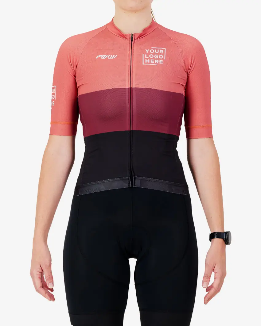 Front view of the Womens Semi Custom Octane cycling jersey in a red block design Enjoy.cc