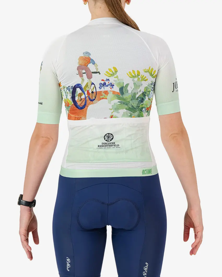 Back view of the Octane women's cycling jersey in a Bottelary Hills Conservancy design made by enjoy.cc