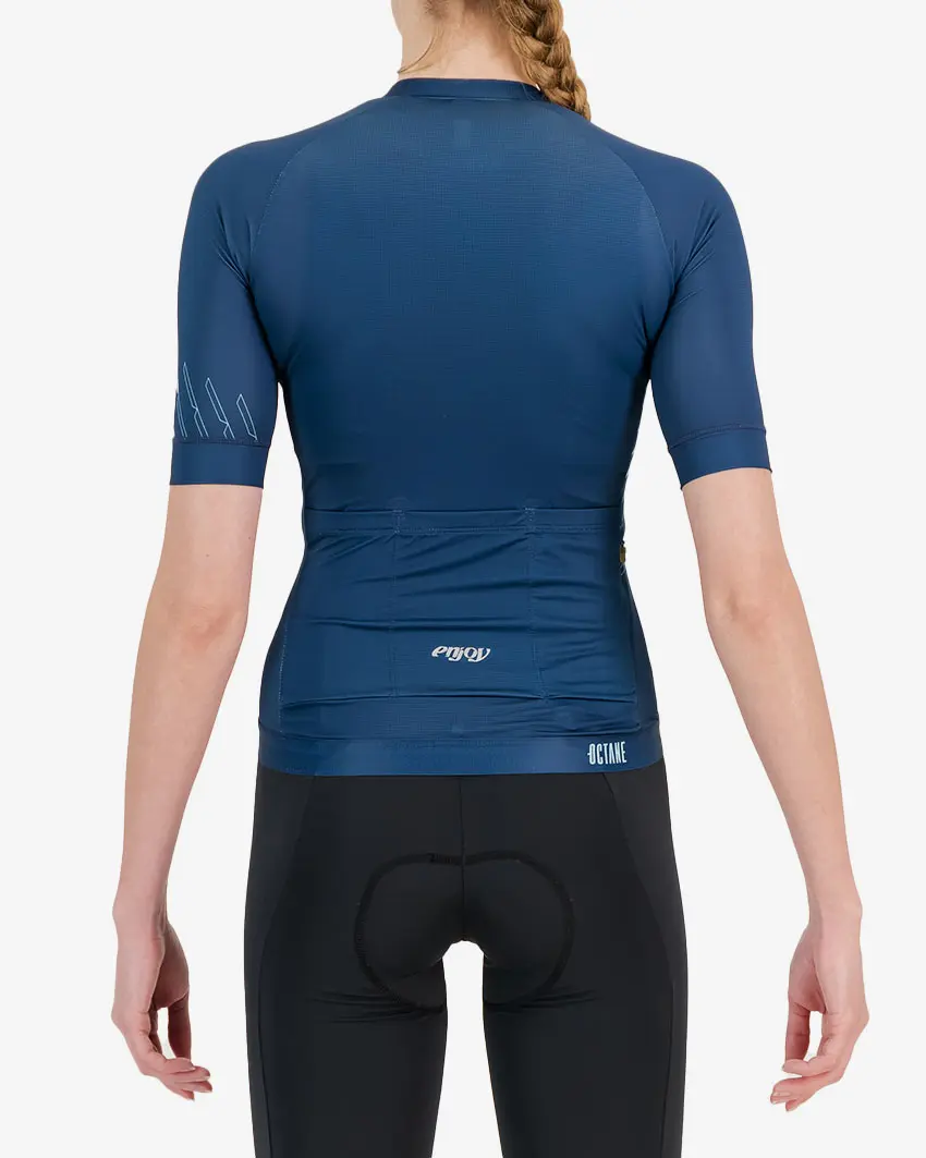 Back view of the womens octane cycle jersey in the petrol chevron design made by Enjoy.cc