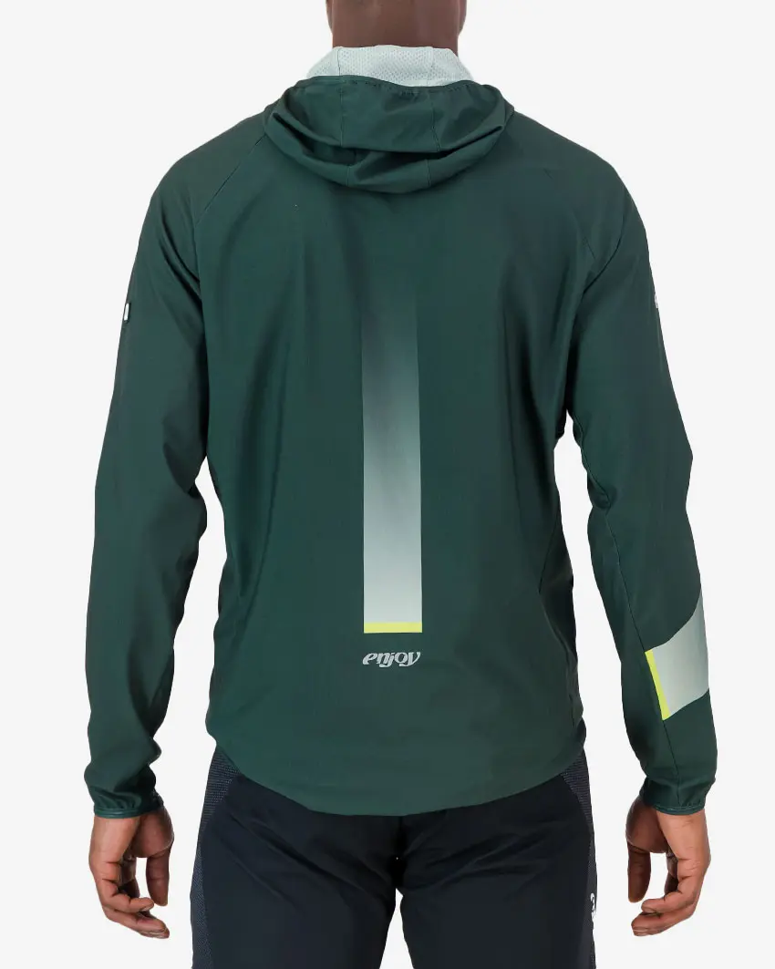 Back view of the Enjoy Contour mens waterproof cycling jacket in Green made by enjoy.cc
