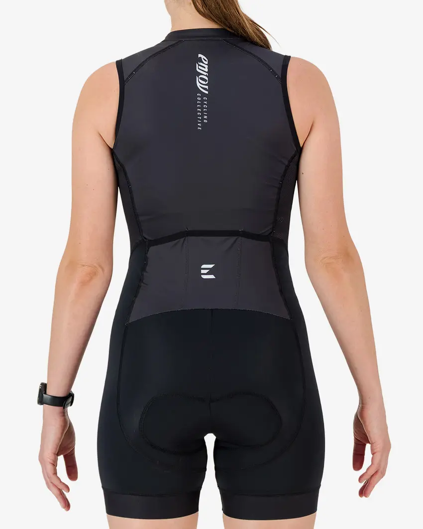 Back view of the women's sleeveless triathlon suit in a minimal black design made by enjoy.cc