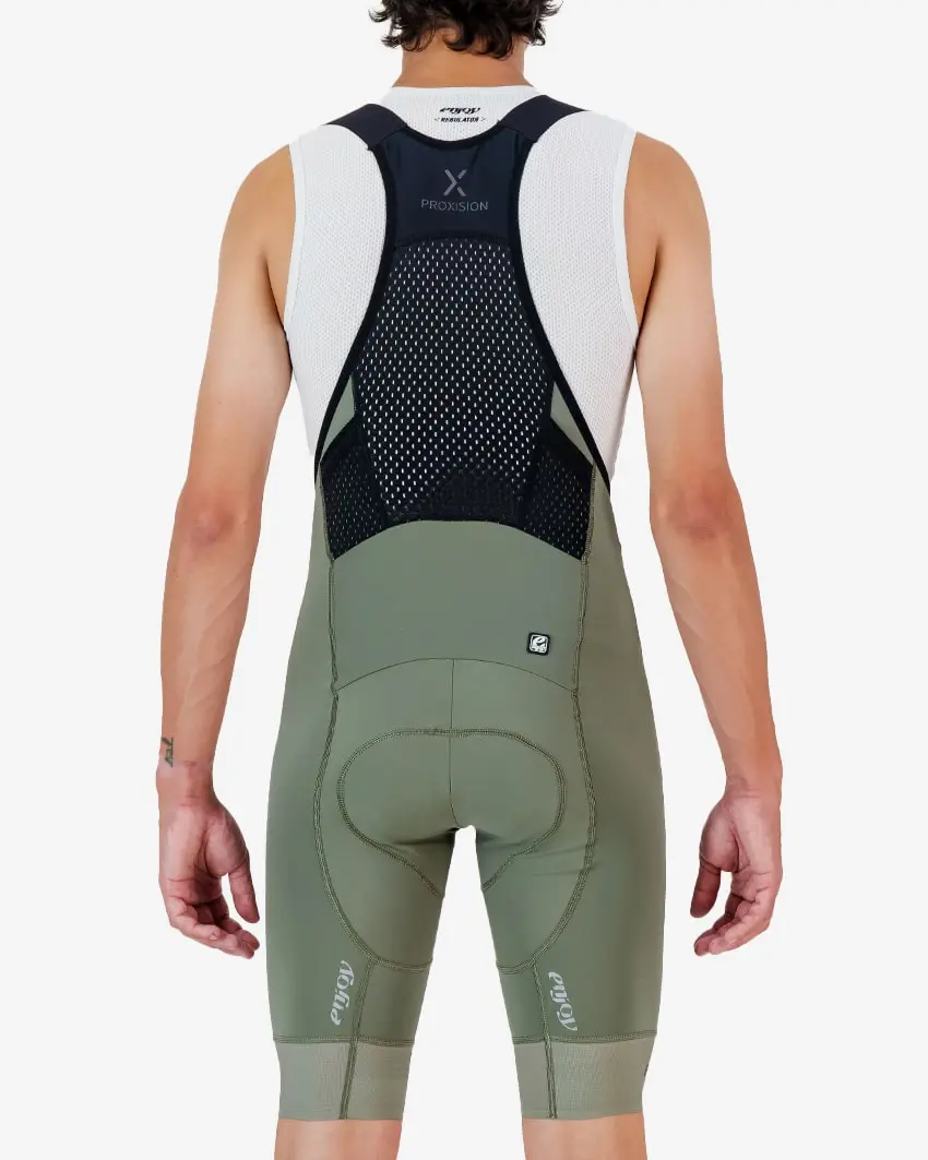 Back view of the Enjoy ProXision mens cargo bib short in the thyme colourway made by enjoy.cc