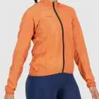 Side view of the womens Orange water resistant atom jacket with reflective detail made by Enjoy.cc