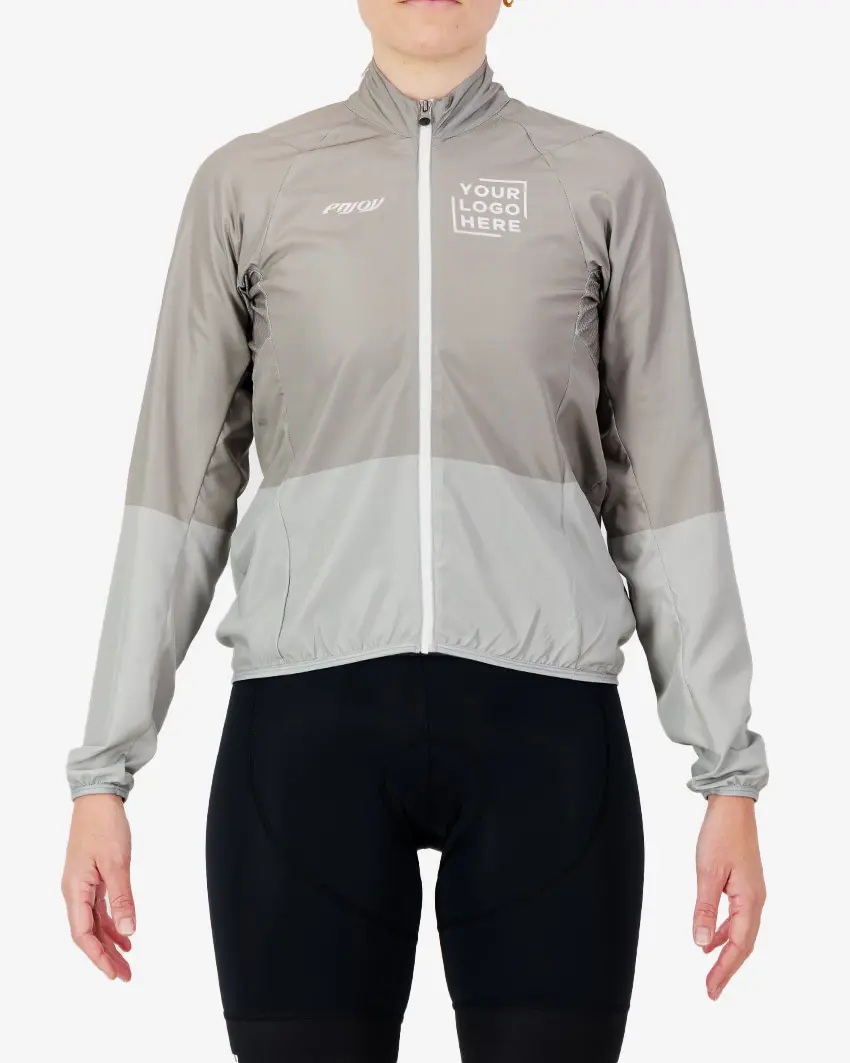 Front view of the Womens Semi Custom Atom cycling Jacket in a putty duo tone design Enjoy.cc