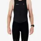 Front view of the men's sleeveless triathlon suit in a minimal black design made by enjoy.cc