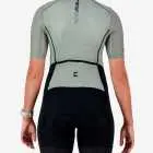 Back view of the women's sleeved triathlon suit in a green and black design made by enjoy.cc