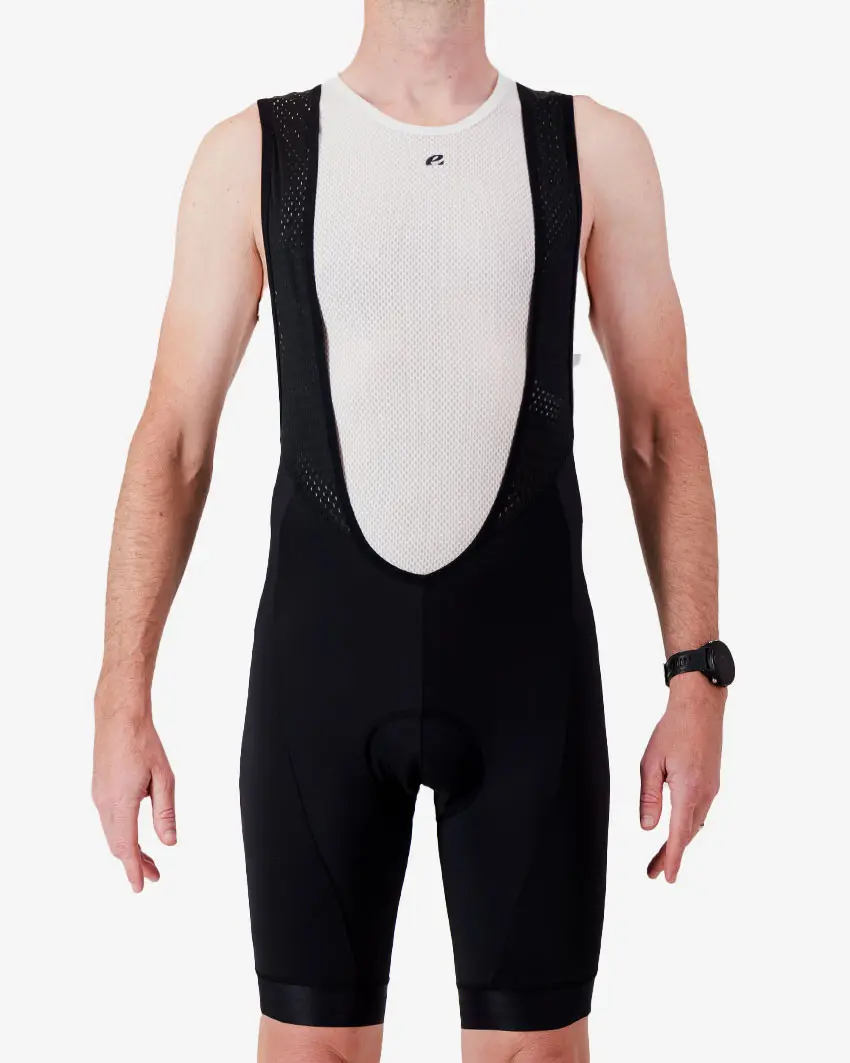 Front view of the Enjoy Dual men's bib short in black with reflective detailing made by enjoy.cc.