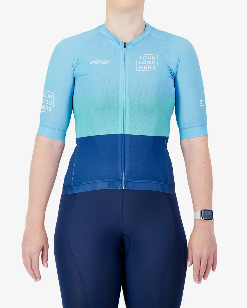 Front view of the Womens Semi Custom Octane cycling jersey in an aqua block design Enjoy.cc