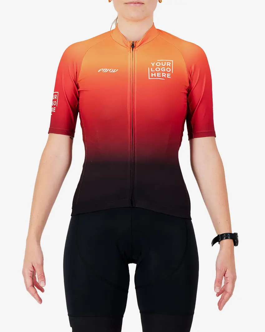 Front view of the Womens Semi Custom Supremium cycling jersey in a flame gradient design Enjoy.cc