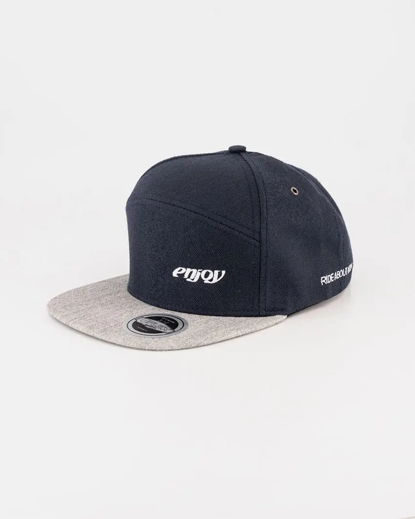 Enjoy U Flex 6 Panel snapback navy cap front. Lifestyle product designed by Enjoy cycling apparel