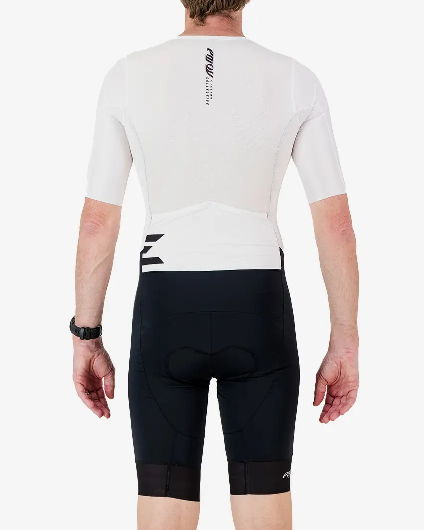 Back view of the men's sleeved triathlon suit in a black and white design made by enjoy.cc