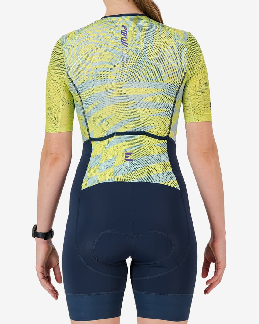 Back view of the women's sleeved triathlon suit in a bright lichen design made by enjoy.cc