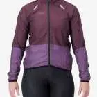 Front view of the Atom womens cycling jacket in colour blocked Pinotage design by Enjoy.cc