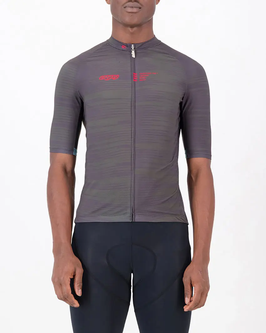 Front of the mens cycling jersey in the peat Input Supremium design made by enjoy.cc