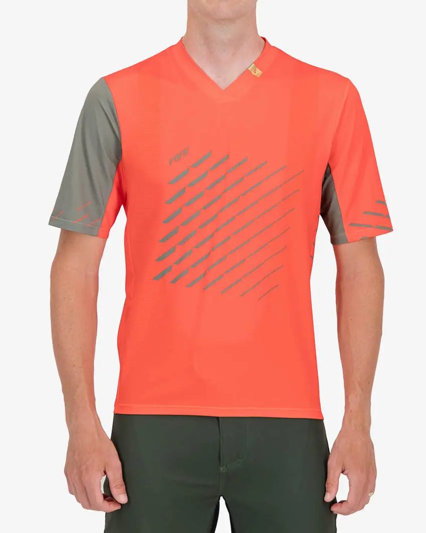 Front of the Enjoy mens trail tee in the Blood orange Chevron design. Made by enjoy.cc
