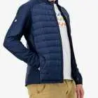 Side view of the men's hybrid lifestyle jacket in navy, made by enjoy.cc