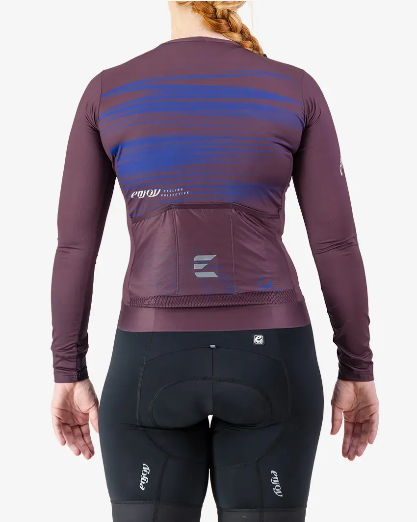 Back view of the ProXision women's long sleeve cycling jersey in a purple colour way by Enjoy.cc