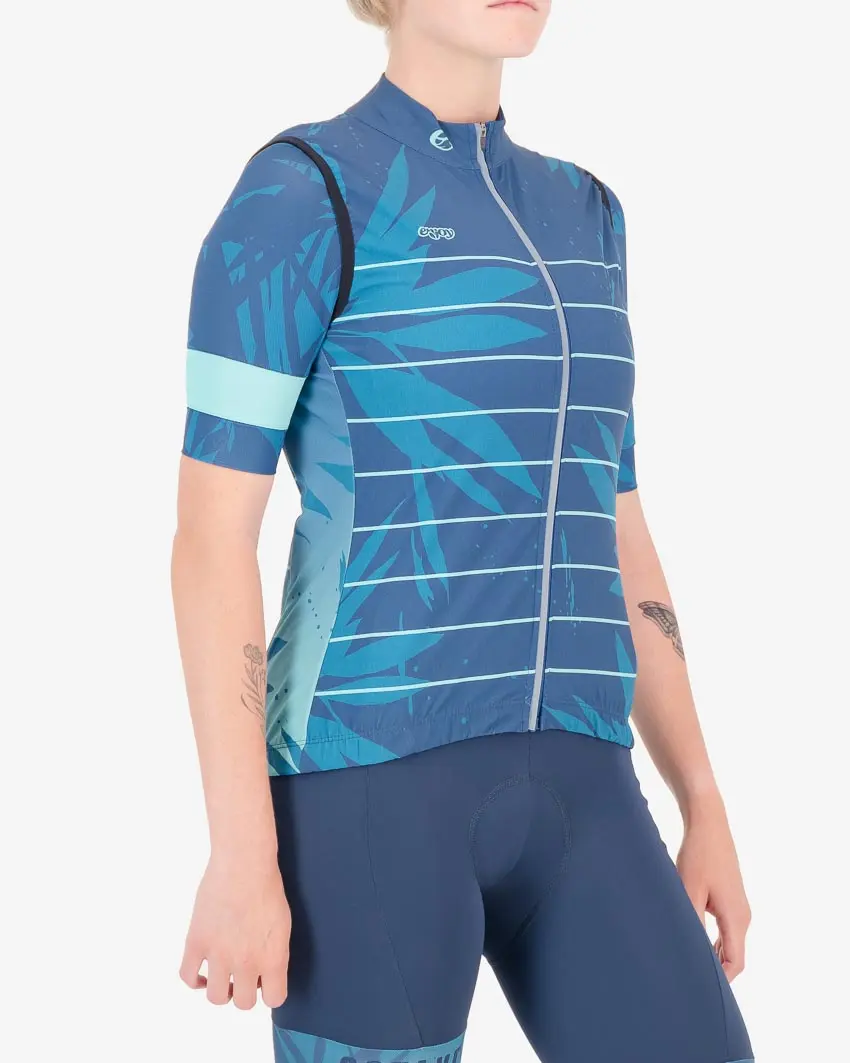Three quarter of the ladies winter cycling gilet in the Flora design made by Enjoy.cc