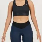 Front view of the womens sports bra in the black emotif design made by Enjoy.cc
