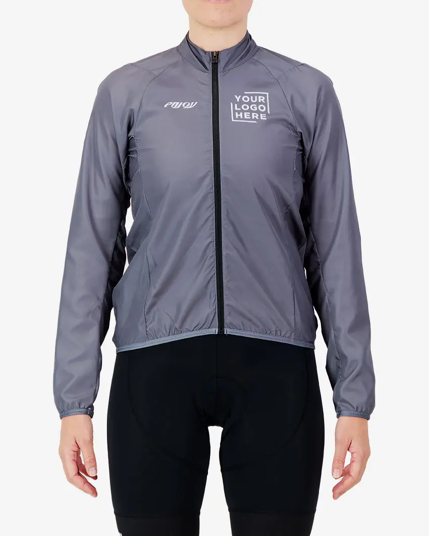 Front view of the Womens Semi Custom Atom cycling Jacket in a solid grey colour Enjoy.cc