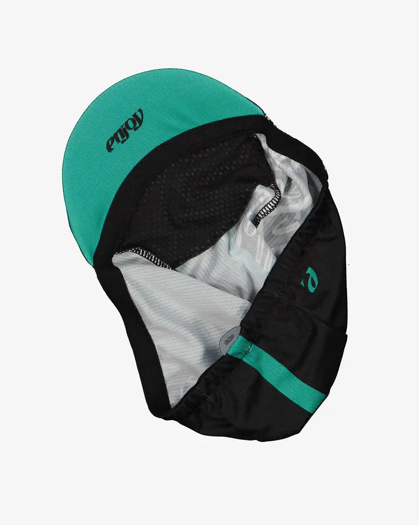 Bottom of the Enjoy DriFit cycling cap in the Life Rolls black design made by enjoy.cc