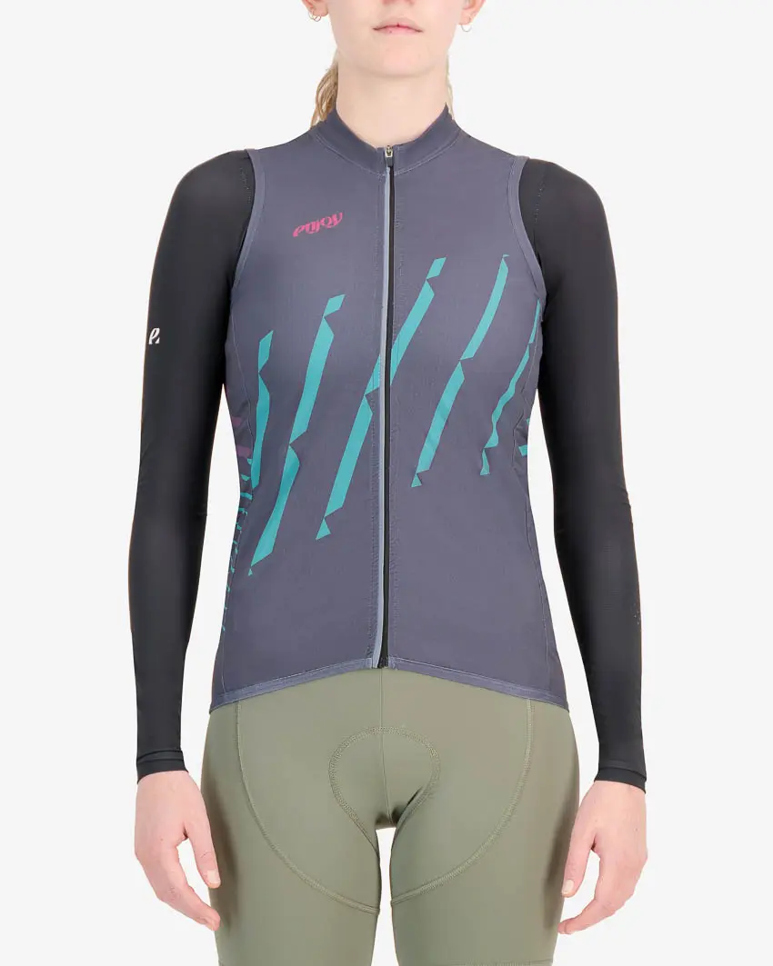 Front of the womens winter cycling gilet in the Chevron Midnight design made by Enjoy.cc