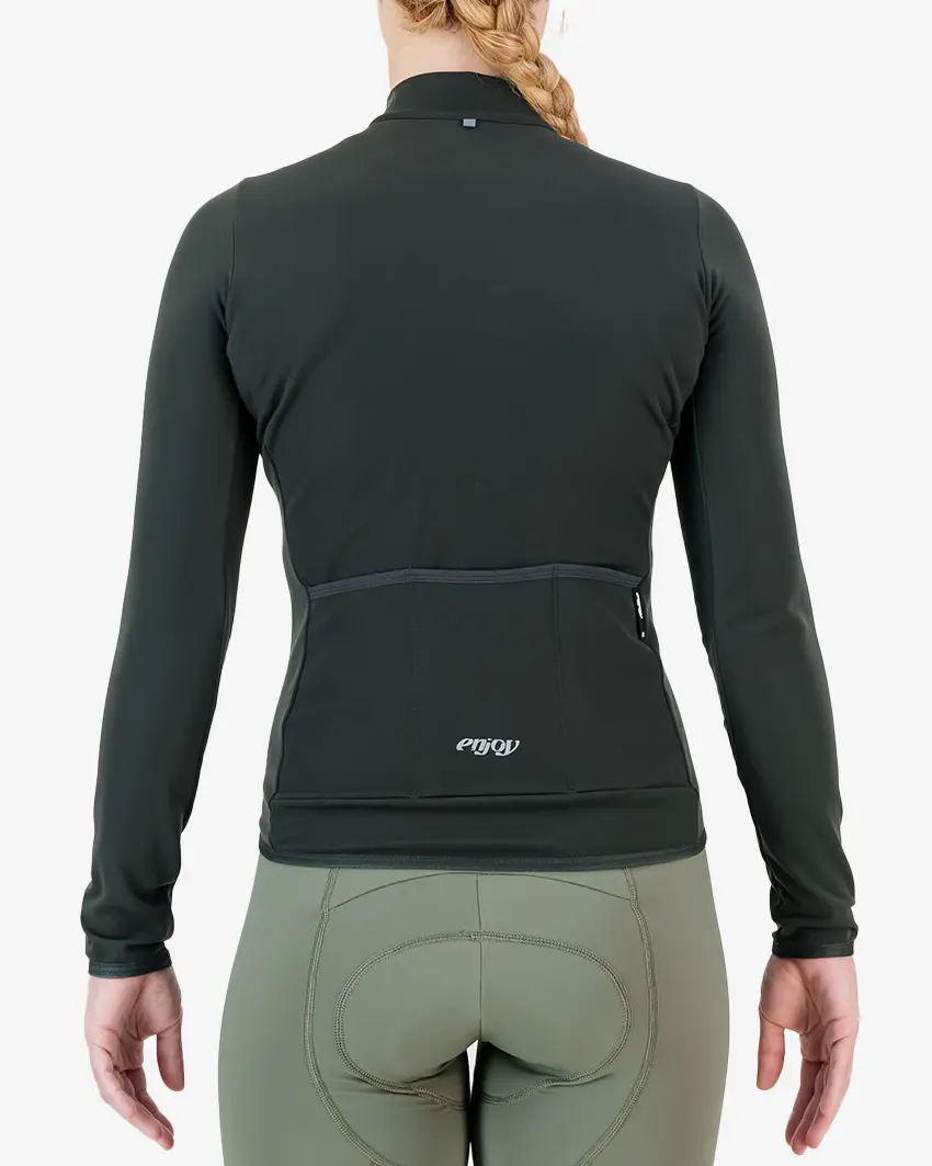 Back of the mens fleeced cycling jersey in Forest with reflective detailing made by enjoy.cc