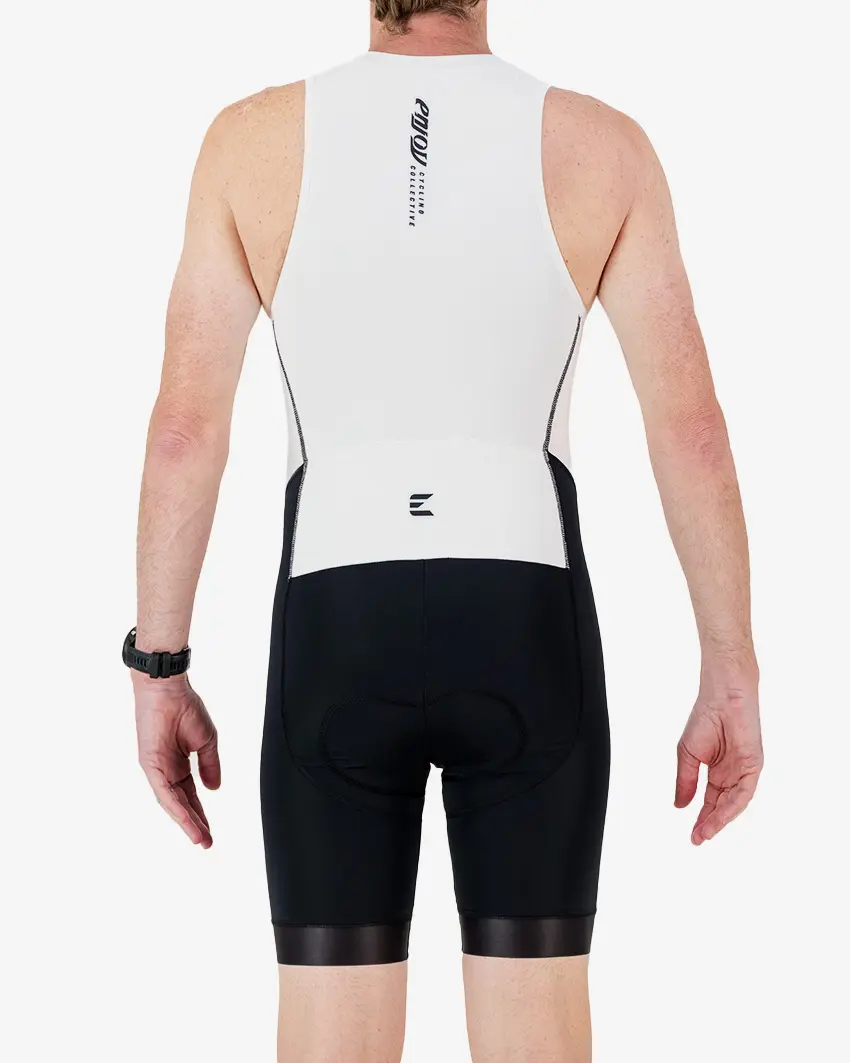 Back view of the men's sleeveless triathlon suit in a black and white design made by enjoy.cc