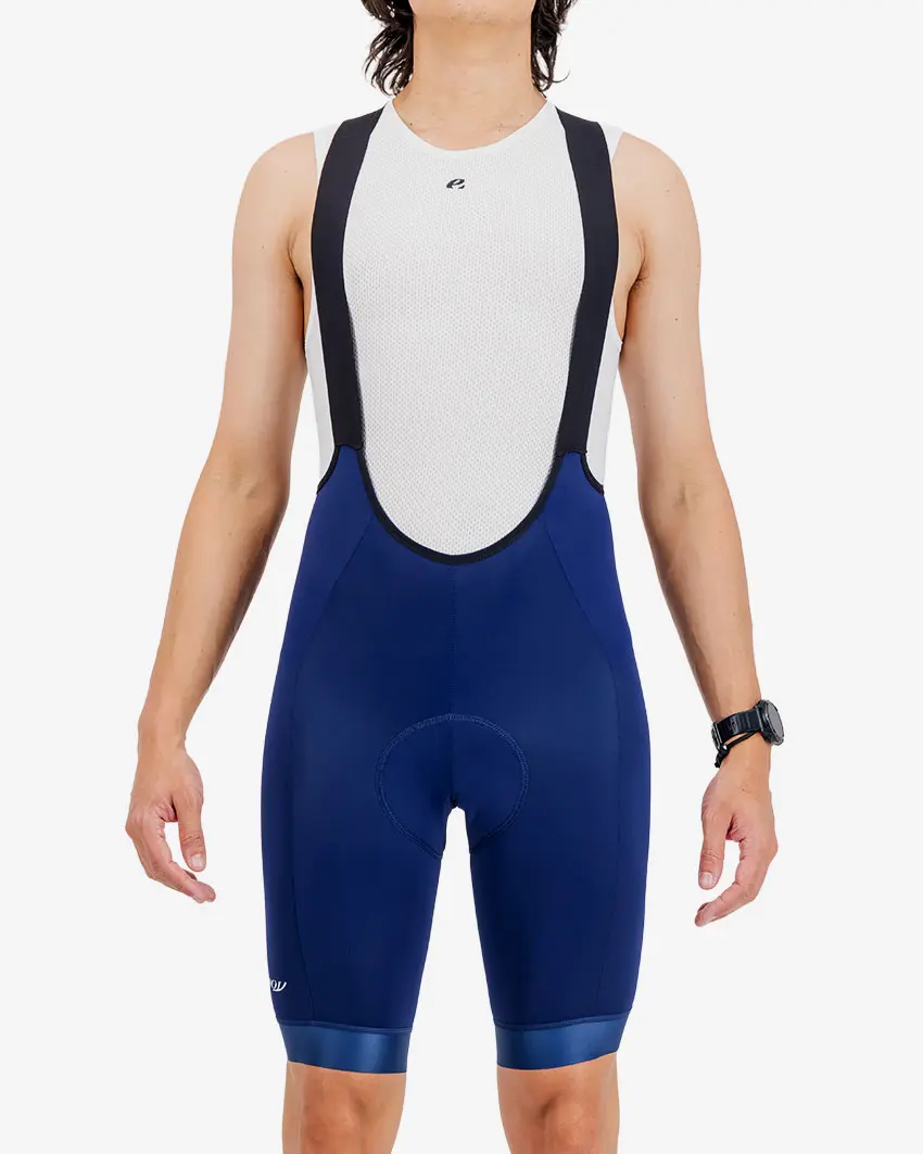 Front view of the Men's Dual bib short in navy, made by enjoy.cc