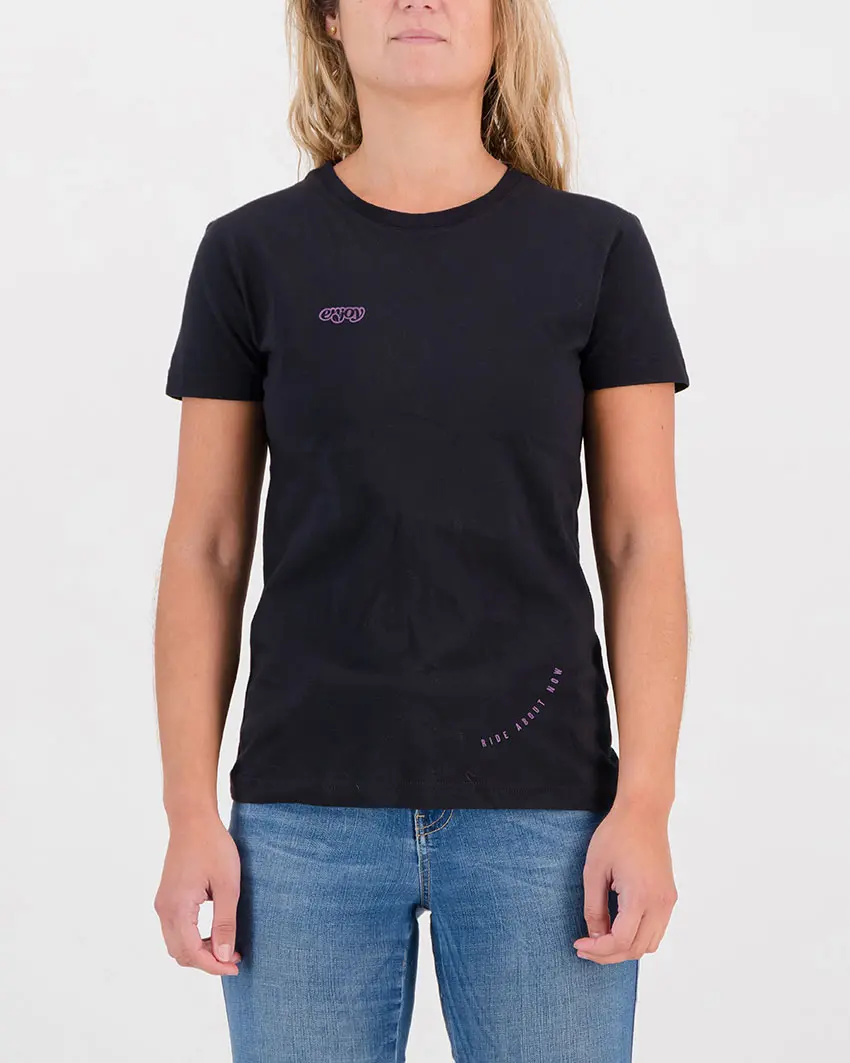 Front view of the Enjoy ladies cotton t-shirt in the Ride About Now design. Cycling inspired t-shirts designed by Enjoy.cc